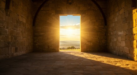 Obraz premium Stone Room Doorway with View of Landscape at Sunrise