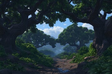 Obraz premium Serene Forest Path Lush Greenery Winding Through Ancient Trees