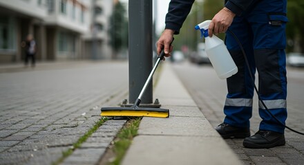 Fototapeta premium Street Cleaning Crew Maintaining Urban Hygiene A City Worker's Diligent Effort in Keeping Sidewalks Pristine and Weed-Free