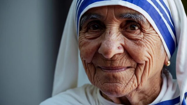 Mother teresa looking and smiling at camera