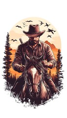 Fototapeta premium A lone cowboy astride his horse at sunset, amidst a mountainous landscape