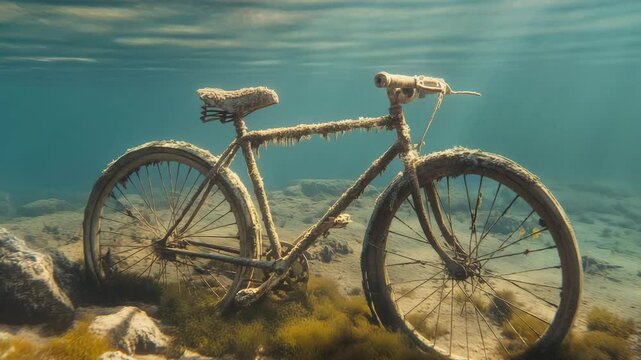 A bicycle remains submerged at the bottom of a body of water surrounded by rocks and aquatic plants, highlighting natures reclaiming
