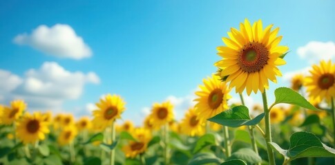 Sunflowers swaying gently under a cloudless azure sky, beauty, golden