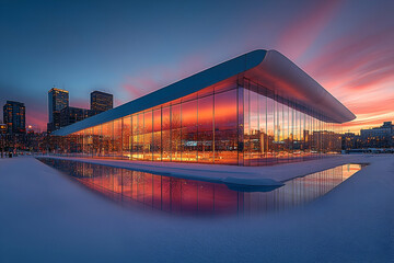 Obraz premium Modern Glass Building Reflecting Sunset Over Snowy Cityscape