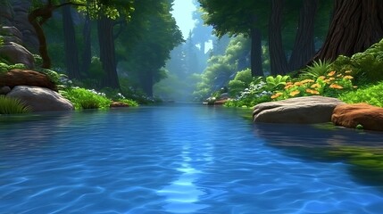 Fototapeta premium Serene Blue River Flowing Through Lush Green Forest Peaceful Nature Scene Tranquil Water Landscape