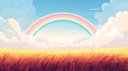 Rainbow over golden field, sunny day, peaceful sky, idyllic landscape, perfect for backgrounds