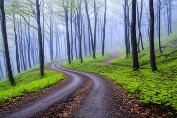 Fototapeta premium Winding Forest Road in Misty Spring Landscape Lush Green Undergrowth Foggy Trees Scenic Path