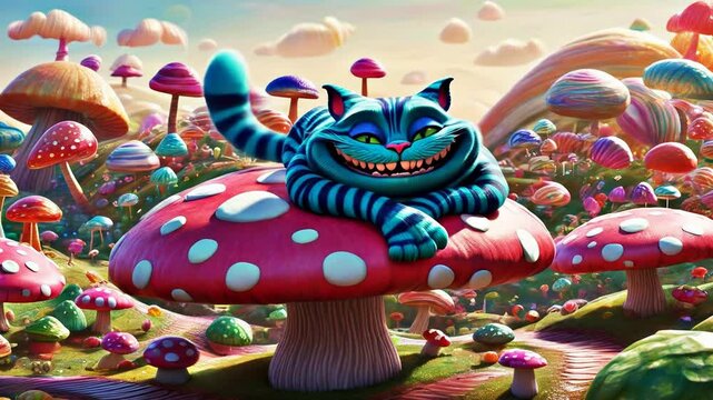 Cheshire Cat with a sly grin lounges on a giant mushroom in a whimsical fantasy landscape.