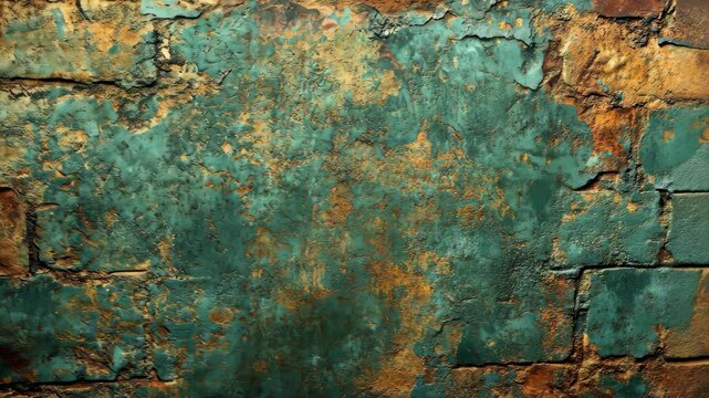 Weathered stone wall texture with teal and rust patina