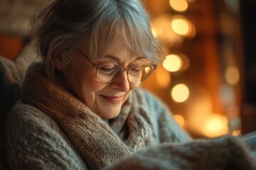 Portrait of a happy grandmother enjoying a quiet moment at home, dressed in a warm sweater
