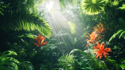 Obraz premium Lush tropical forest canopy, sunlight filtering through dense foliage