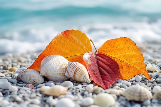 Colorful autumn leaves and seashells on a pebbled beach during a sunny day by the ocean