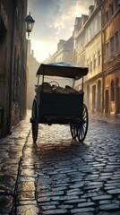 Old cart on cobblestone street, sunrise mist.