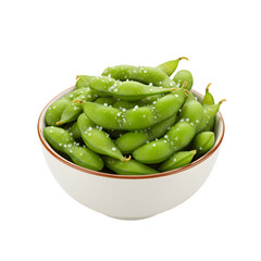 Bowl of fresh edamame sprinkled with salt on white background