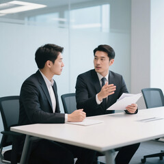 Fototapeta premium Two individuals are engaged in a professional meeting or discussion at a table. One person, dressed in a suit, appears to be explaining something while holding papers