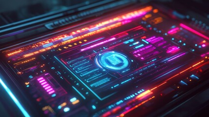 Fototapeta premium Futuristic neon interface with glowing digital data and a central symbol.