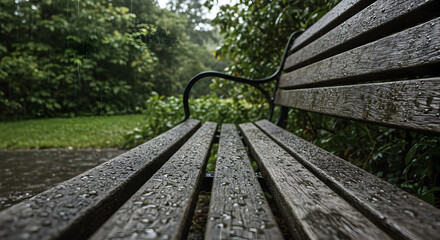 Wooden Bench Drenched In Rain With Verdant Foliage in Serene Atmosphere