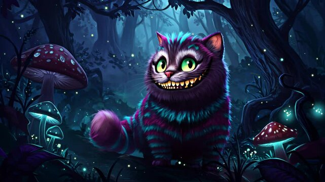 Mystical Cat in Enchanted Forest, Smiling Feline Amid Fantastical Woodland Scene