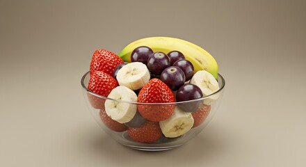Fresh Fruit Salad Bowl Strawberries, Bananas, Grapes - Healthy Snack, Colorful, Dessert.