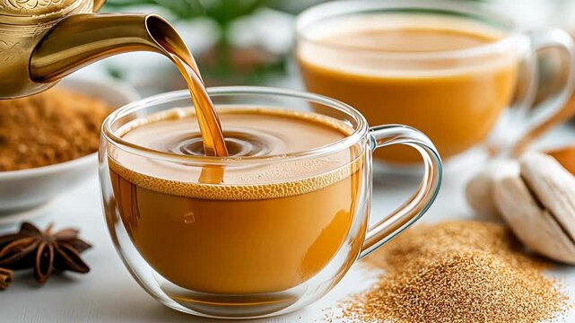 Fresh chai tea pours into a transparent glass cup from a golden teapot, surrounded by brown sugar and star anise. This macro food image highlights texture, flavor and aromatic warmth in a minimalist 