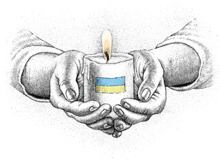 Ukrainian flag on a candle held by hands drawn by hand
