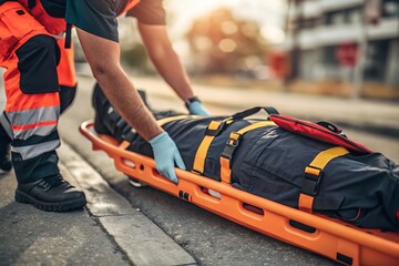 An emergency medical technician transports a patient on a stretcher for immediate medical care.