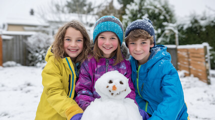 Children building small snowman together on winter day