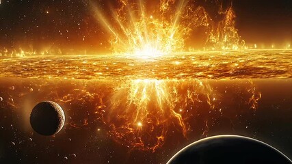 Cosmic cataclysm, planetary destruction. Fiery explosion engulfs orbiting planets in a blaze of supernova. Vibrant golden light erupts across the void - Powered by Adobe