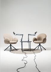 Podcast setup featuring two chairs and microphones in an educational setting for engaging discussions and interviews