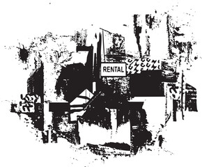 Obraz premium Abstract black and white of a building with a rental sign.