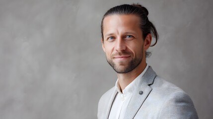 Portrait of a Stylish European Man with a Textured Suit and Long Hair Pulled Back Against a Simple Background