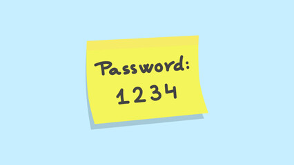 Yellow sticky note with handwritten text "Password: 1234". Cybersecurity and password management concept.