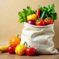 Vibrant fruits and vegetables overflowing from a reusable cloth bag , background, food