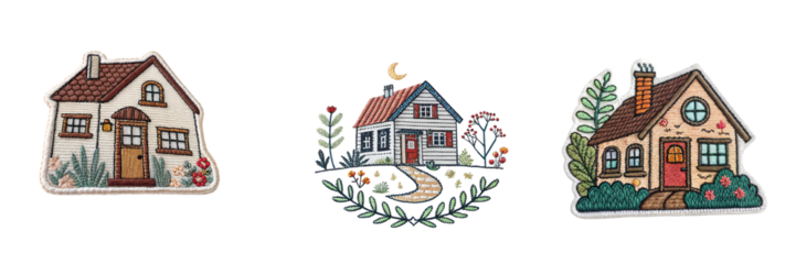 Set of A embroidered patch badge home isolated on a transparent background