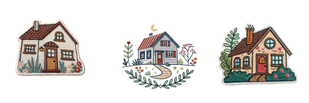 Set of A embroidered patch badge home isolated on a transparent background