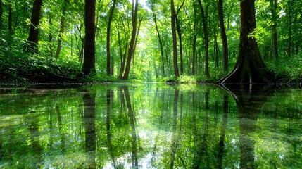 Obraz premium Reflecting Forest Stream in Lush Green Woods Landscape