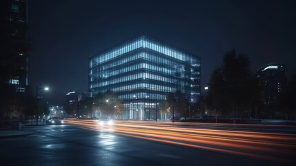Modern glass building at night with light trails from cars.