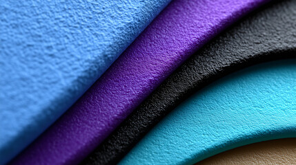 Layers of polyurethane foam in different colors with a porous texture and irregular finish, arranged in wavy cuts.