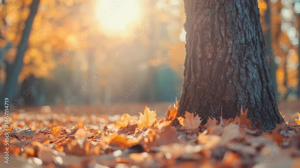 Poster warm sunlight is illuminating a thick tree trunk and the ground covered with golden maple leaves in 