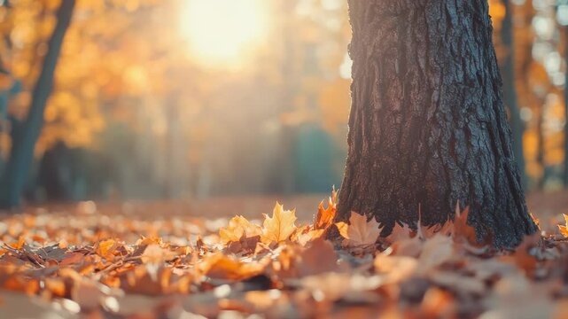 Warm sunlight is illuminating a thick tree trunk and the ground covered with golden maple leaves in a park during a beautiful autumn afternoon