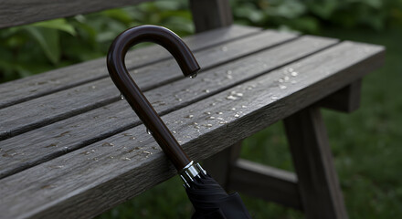Contemplative Moments: Wooden Bench And An Umbrella After A Gentle Rain