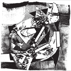 Naklejka premium A fragmented still life composition features geometric shapes and a textured surface.