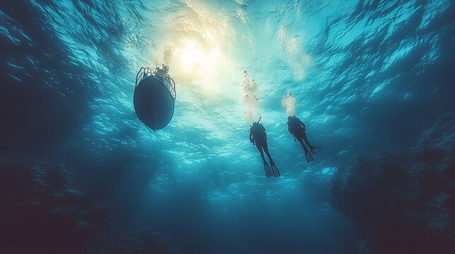 Underwater view of two scuba divers ascending towards a boat silhouetted against bright sunlight.