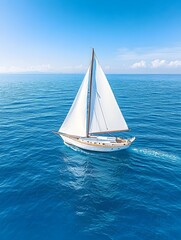 Obraz premium A sailboat glides across a tranquil, azure ocean under a brilliant blue sky