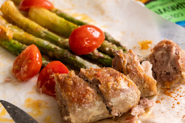asparagus with tomatoes and cheese. diet. food concept