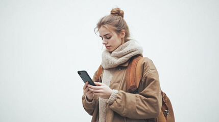 Stylish individual engrossed in smartphone against clean white backdrop sleek device contrasts with subjects casual attire embodying modern connectivity and digital lifestyle
