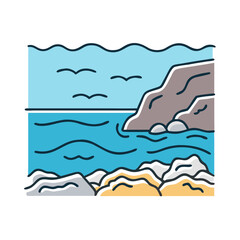 Illustration of a coastal landscape with sea cliffs beach and birds for travel and tourism