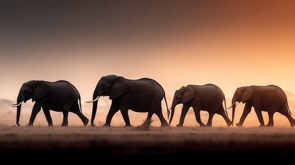 Fototapeta premium Majestic elephants in a sunrise safari scene