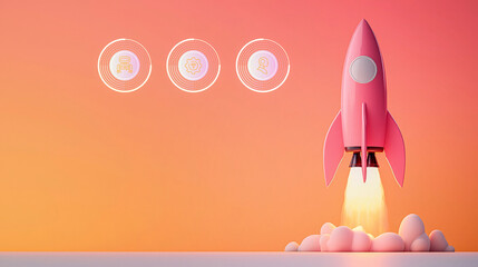Obraz premium A pink rocket launches against a gradient orange background, with icons symbolizing ideas, innovation, and progress.
