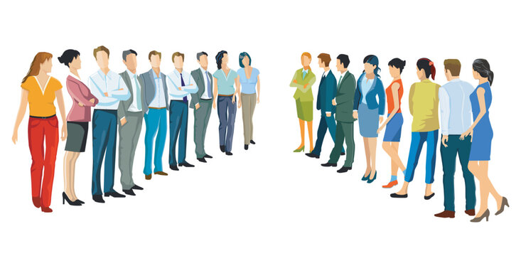 Zwei Gruppen von Personen stehen sich gegen&uuml;ber, Illustration isoliert